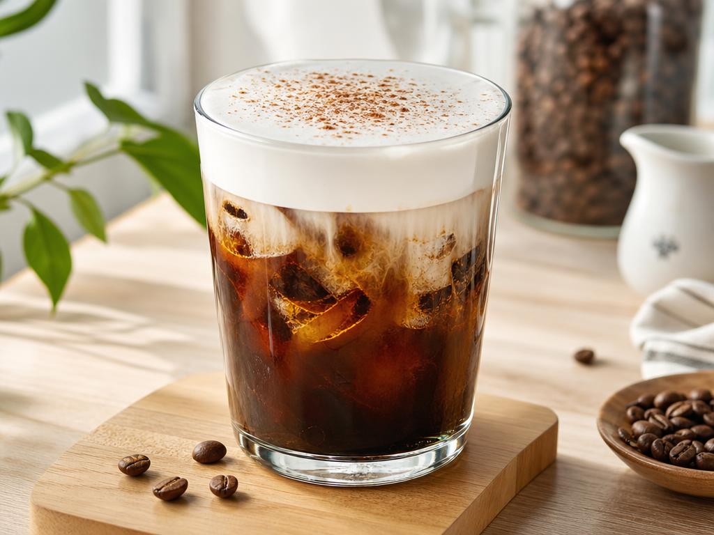 A cold brew coffee drink with ice and a layer of cold foam