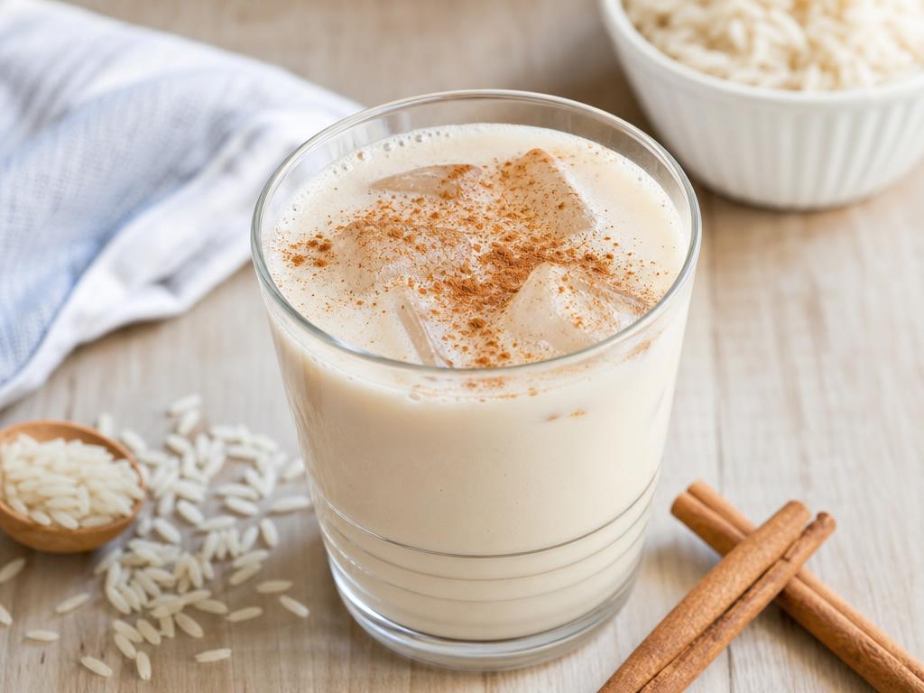 A creamy horchata drink with ice and a sprinkle of cinnamon