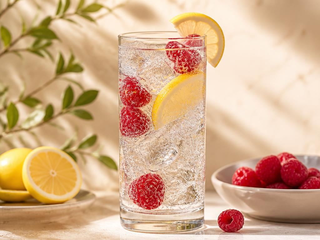 A tall glass of flavored sparkling water over ice with lemon and raspberries