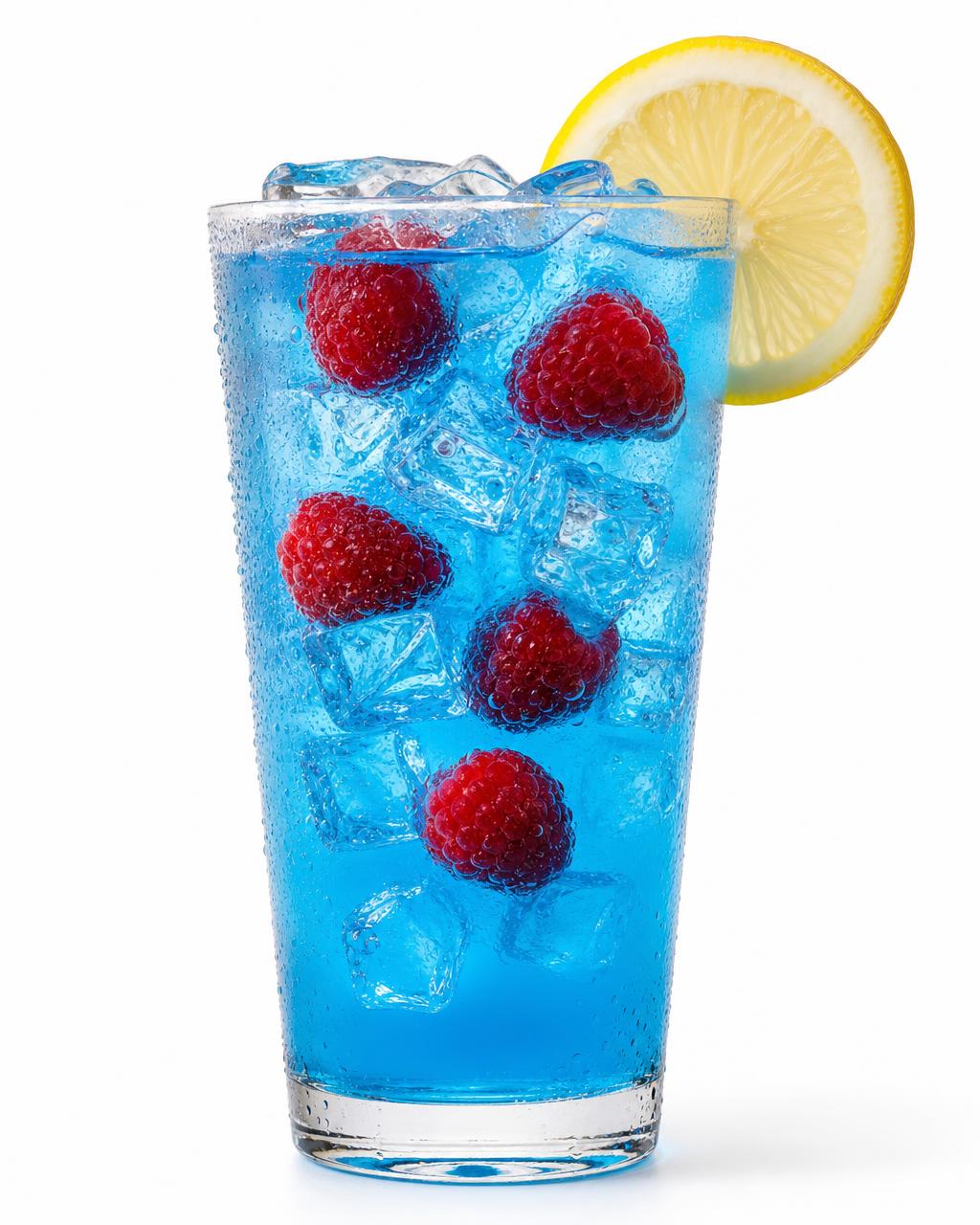 A vibrant blue raspberry lemonade with fresh raspberries, ice, and lemon
